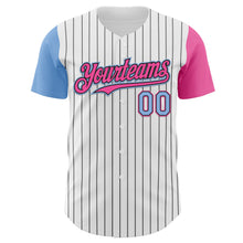 Load image into Gallery viewer, Custom White Black Pinstripe Light Blue-Pink Authentic Two Tone Baseball Jersey