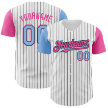 Load image into Gallery viewer, Custom White Black Pinstripe Light Blue-Pink Authentic Two Tone Baseball Jersey