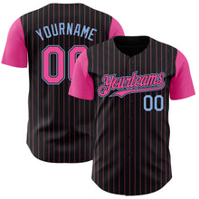 Load image into Gallery viewer, Custom Black Pink Pinstripe Light Blue Authentic Two Tone Baseball Jersey