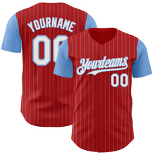 Load image into Gallery viewer, Custom Red Light Blue Pinstripe White Authentic Two Tone Baseball Jersey