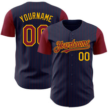 Load image into Gallery viewer, Custom Navy Crimson Pinstripe Gold Authentic Two Tone Baseball Jersey