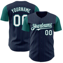 Load image into Gallery viewer, Custom Navy Teal Pinstripe White Authentic Two Tone Baseball Jersey
