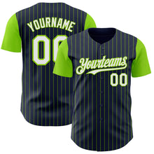 Load image into Gallery viewer, Custom Navy Neon Green Pinstripe White Authentic Two Tone Baseball Jersey
