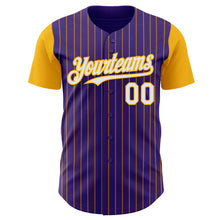 Load image into Gallery viewer, Custom Purple Gold Pinstripe White Authentic Two Tone Baseball Jersey