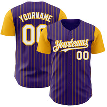 Load image into Gallery viewer, Custom Purple Gold Pinstripe White Authentic Two Tone Baseball Jersey
