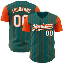 Load image into Gallery viewer, Custom Teal Orange Pinstripe White Authentic Two Tone Baseball Jersey