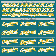 Load image into Gallery viewer, Custom Teal Gold Pinstripe White Authentic Two Tone Baseball Jersey