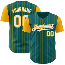 Load image into Gallery viewer, Custom Teal Gold Pinstripe White Authentic Two Tone Baseball Jersey