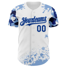 Laden Sie das Bild in den Galerie-Viewer, Custom White Royal-Light Blue Splatter Camo Two Tone Authentic Baseball Jersey