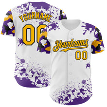 Load image into Gallery viewer, Custom White Gold Black-Purple Splatter Camo Two Tone Authentic Baseball Jersey