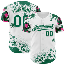 Load image into Gallery viewer, Custom White Kelly Green Pink-Black Splatter Camo Two Tone Authentic Baseball Jersey