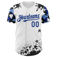 Load image into Gallery viewer, Custom White Royal-Black Splatter Camo Two Tone Authentic Baseball Jersey