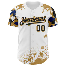 Load image into Gallery viewer, Custom White Black Old Gold-Blue Splatter Camo Two Tone Authentic Baseball Jersey