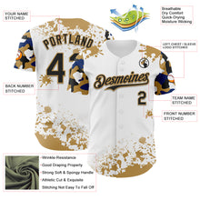 Load image into Gallery viewer, Custom White Black Old Gold-Blue Splatter Camo Two Tone Authentic Baseball Jersey