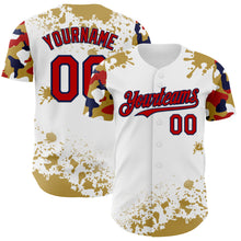 Load image into Gallery viewer, Custom White Red Navy-Old Gold Splatter Camo Two Tone Authentic Baseball Jersey