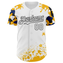 Загрузить изображение в средство просмотра галереи, Custom White Black Gold-Blue Splatter Camo Two Tone Authentic Baseball Jersey