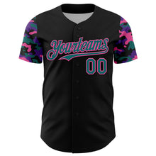 Load image into Gallery viewer, Custom Black Teal Pink-Purple Digital Camo Two Tone Authentic Baseball Jersey