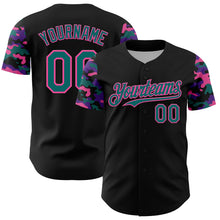Load image into Gallery viewer, Custom Black Teal Pink-Purple Digital Camo Two Tone Authentic Baseball Jersey