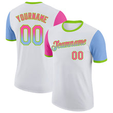 Laden Sie das Bild in den Galerie-Viewer, Custom White Pink Light Blue-Neon Green Gradient Two Tone Performance T-Shirt