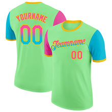 Laden Sie das Bild in den Galerie-Viewer, Custom Pea Green Pink Lakes Blue-Yellow Gradient Two Tone Performance T-Shirt