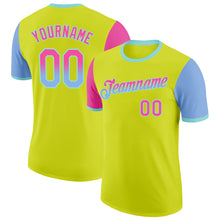 Load image into Gallery viewer, Custom Neon Yellow Pink Light Blue-Ice Blue Gradient Two Tone Performance T-Shirt