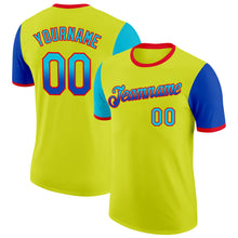 Laden Sie das Bild in den Galerie-Viewer, Custom Neon Yellow Lakes Blue Thunder Blue-Fire Red Gradient Two Tone Performance T-Shirt