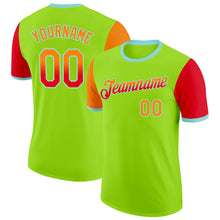 Laden Sie das Bild in den Galerie-Viewer, Custom Neon Green Bay Orange Fire Red-Ice Blue Gradient Two Tone Performance T-Shirt