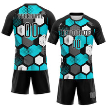 Загрузить изображение в средство просмотра галереи, Custom Black Aqua-White Geometric Shape Sublimation Volleyball Uniform Jersey