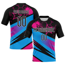 Laden Sie das Bild in den Galerie-Viewer, Custom Black Sky Blue-Pink Geometric Shape And Splash Sublimation Volleyball Uniform Jersey