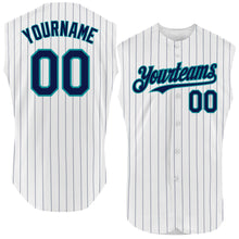 Load image into Gallery viewer, Custom White Navy Pinstripe Teal Authentic Sleeveless Baseball Jersey