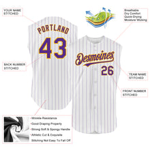 Charger l'image dans la galerie, Custom White Purple Pinstripe Gold Authentic Sleeveless Baseball Jersey
