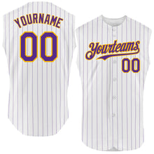 Charger l'image dans la galerie, Custom White Purple Pinstripe Gold Authentic Sleeveless Baseball Jersey