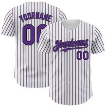 Load image into Gallery viewer, Custom White (Black Purple Pinstripe) Purple-Black Authentic Baseball Jersey