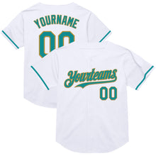 Загрузить изображение в средство просмотра галереи, Custom White Teal-Old Gold Mesh Authentic Throwback Baseball Jersey