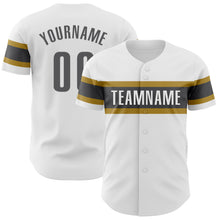 Laden Sie das Bild in den Galerie-Viewer, Custom White Steel Gray-Old Gold Authentic Baseball Jersey