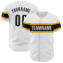 Load image into Gallery viewer, Custom White Black-Gold Authentic Baseball Jersey