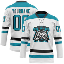 Charger l'image dans la galerie, Custom White Teal-Black Hockey Lace Neck Jersey