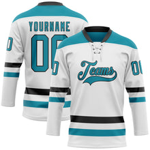Charger l'image dans la galerie, Custom White Teal-Black Hockey Lace Neck Jersey