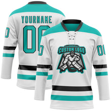 Charger l'image dans la galerie, Custom White Aqua-Black Hockey Lace Neck Jersey
