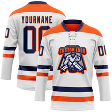Charger l'image dans la galerie, Custom White Navy-Orange Hockey Lace Neck Jersey