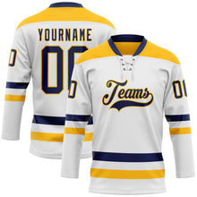Charger l'image dans la galerie, Custom White Navy-Gold Hockey Lace Neck Jersey