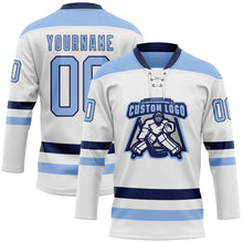 Charger l'image dans la galerie, Custom White Light Blue-Navy Hockey Lace Neck Jersey
