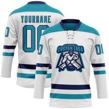 Charger l'image dans la galerie, Custom White Teal-Navy Hockey Lace Neck Jersey