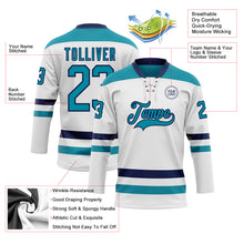 Charger l'image dans la galerie, Custom White Teal-Navy Hockey Lace Neck Jersey