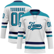 Charger l'image dans la galerie, Custom White Teal-Navy Hockey Lace Neck Jersey