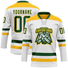 Charger l'image dans la galerie, Custom White Green-Gold Hockey Lace Neck Jersey
