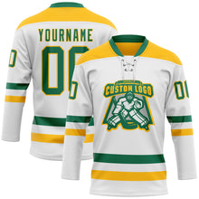 Charger l'image dans la galerie, Custom White Kelly Green-Gold Hockey Lace Neck Jersey