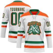 Charger l'image dans la galerie, Custom White Kelly Green-Orange Hockey Lace Neck Jersey