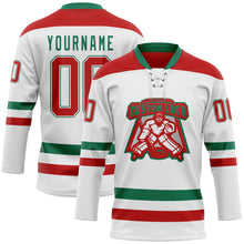 Charger l'image dans la galerie, Custom White Red-Kelly Green Hockey Lace Neck Jersey