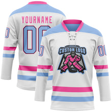 Load image into Gallery viewer, Custom White Light Blue Black-Pink Hockey Lace Neck Jersey